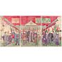 Kunimatsu Utagawa, Kabuki Actors Gathering around Shintomi Theatre, triptych, meiji, japanese art, japanese antique, woodblock print, ukiyo-e