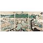 Kunisada II Utagawa, The New Yoshiwara in Temporary Quarters: Courtesans of the House of Owariya Hikotaro Viewing Cherry Blossoms, pentaptych, male and female, beauty, landscapes, japanese art, japanese antique, woodblock print, ukiyo-e