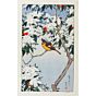 japanese art, japanese antique, woodblock print, ukiyo-e, Toshi Yoshida, Under the Nandina Leaves with Snow