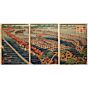 Yoshitsuya Utagawa, Procession of Minamoto no Yoritomo Crossing Over the River Oi, edo, triptych, antique japanese woodblock print, ukiyoe