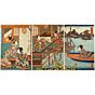 Toyokuni III Utagawa, A Scene of Young Leaves in the Fresh Summer Breeze, triptych, beauty and female, male and female, prince genji, kimono, antique japanese woodblock print