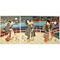 Toyokuni III Utagawa, A Spring Night, Fujiokaya Keijiro, triptych, landscape, kimono, male and female, beauty, antique, original japanese woodblock print