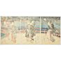 Toyokuni III Utagawa, A Spring Night, Fujiokaya Keijiro, triptych, landscape, kimono, male and female, beauty, antique, original japanese woodblock print