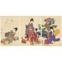 japanese woodblock print, japanese antique, kimono design, flowers, chikanobu 