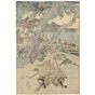 japanese art, japanese antique, woodblock print, ukiyo-e, Yoshitora Utagawa, Miyamoto Musashi Facing Sasaki Kojiro at Ganryujima