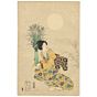 original japanese woodblock print, japanese art, kimono design, beauty print, meiji, moon viewing party, decorative, kimono pattern, chikanobu