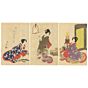 chikanobu, cockatoo parrot, kimono, japanese woodblock print, tokugawa